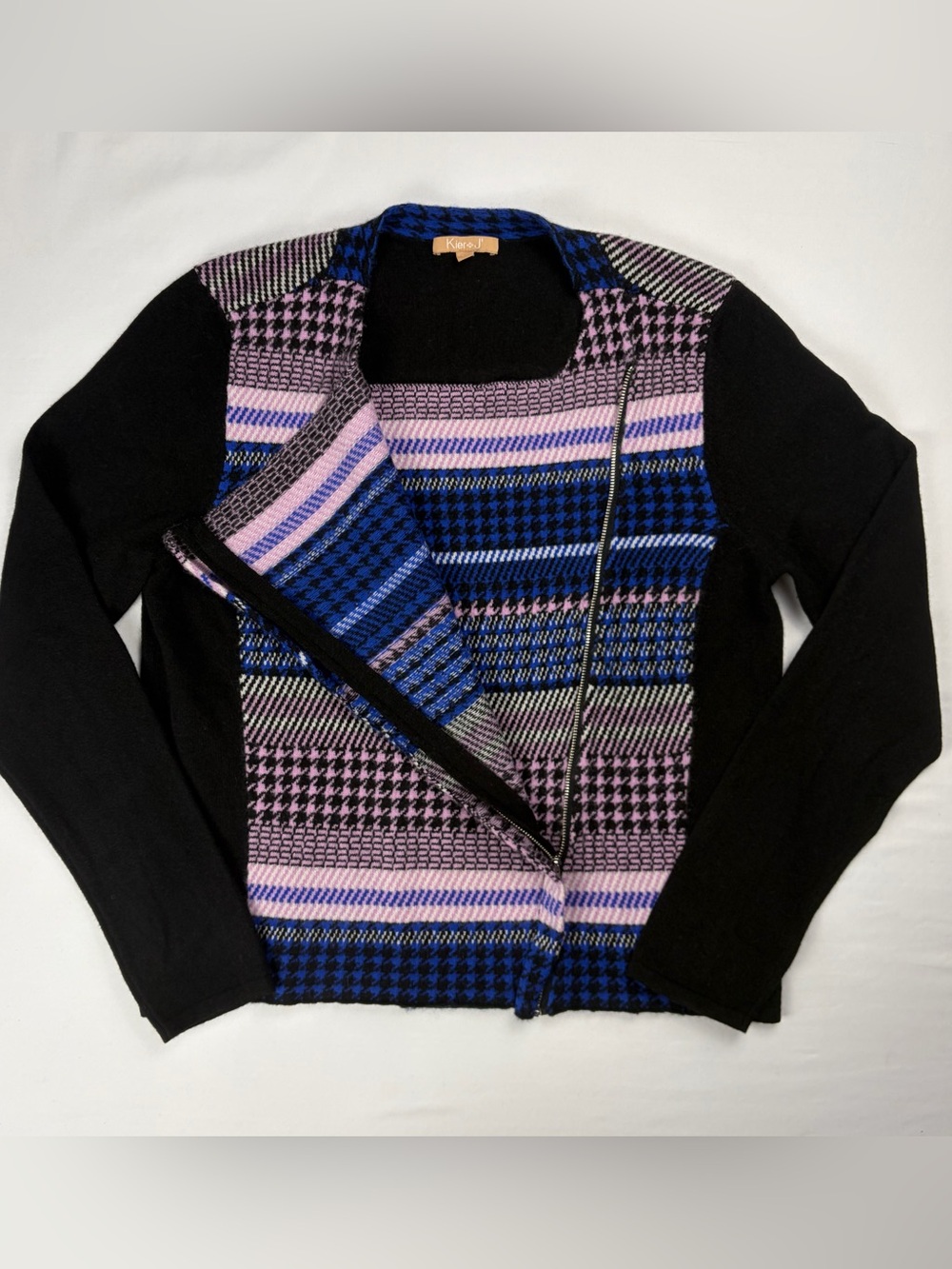 Kier + J 100% Cashmere Blue Pink Houndstooth Zip Cardigan XL